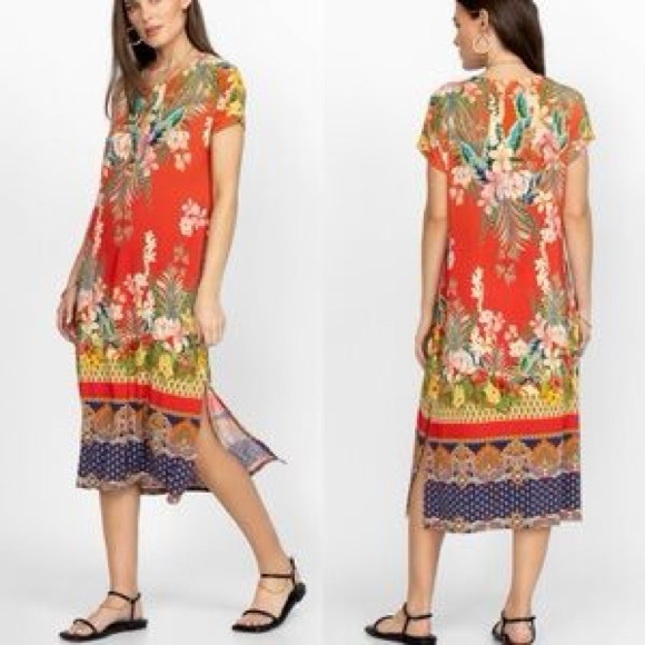 Johnny Was Rapsodia Printed Henley Dress XS tropical floral stretch bamboo comfy - Picture 1 of 13